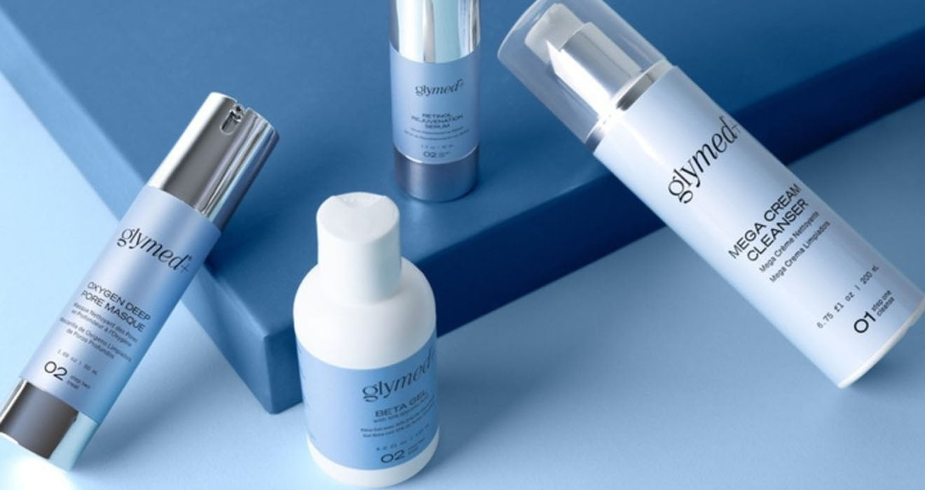 glymed acne collection on blue background